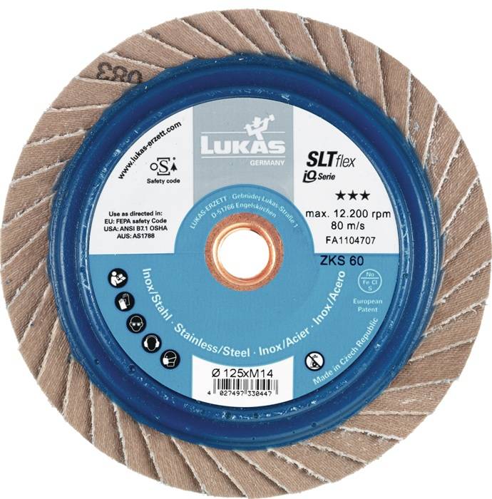 Schleiffächerscheibe von LUKAS, SLTflex-Serie, max. 12.200 U/min, für Edelstahl. Durchmesser: 125 mm, Körnung ZKS 60, IQ-Serie.