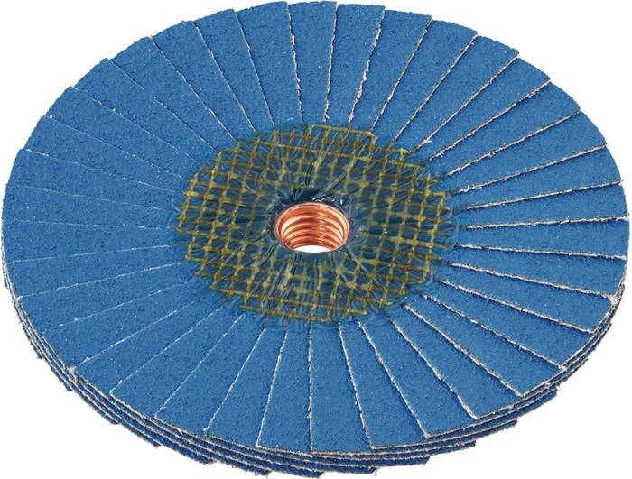 Ein Stapel blauer Lamellenschleifscheiben mit zentraler Metallnabe, verwendet für Oberflächenbearbeitung und Metallverarbeitung.