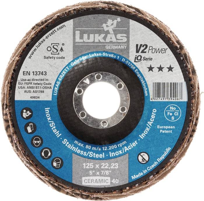 Eine Keramikschleifscheibe von Lukas, gekennzeichnet für Edelstahlbearbeitung, 125 mm Durchmesser, 22,23 mm Bohrung, europäisches Patent, hergestellt in Tschechien.