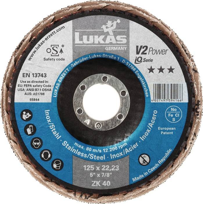 Kreisschleifscheibe der Marke 'Lukas', Modell 'V2 Power', für Edelstahl, hergestellt in Tschechien, 125x22,23 mm.