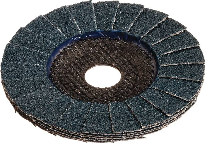 Ein Stapel blauer Schleiflamellenscheiben mit kreisförmigem Design, verwendet zum Schleifen und Finish von Oberflächen, mit einer zentralen Bohrung zur Befestigung.
