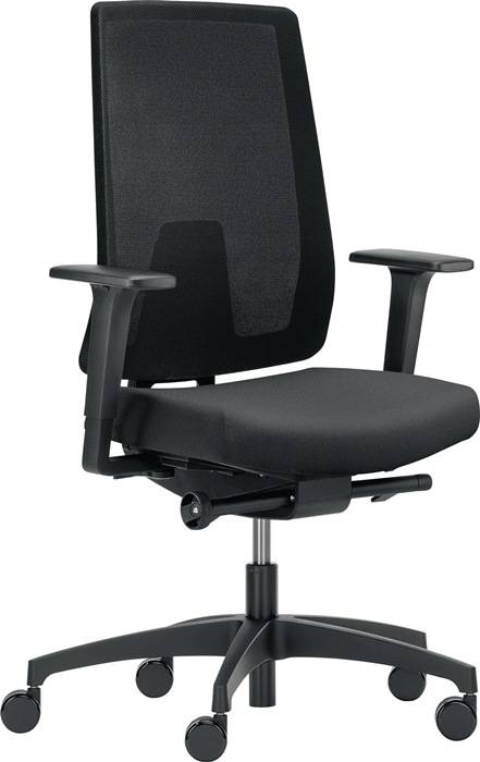 Ein schwarzer ergonomischer Bürostuhl mit verstellbaren Armlehnen, einem gepolsterten Sitz und einer Netzrücklehne, die für Komfort und Unterstützung konzipiert ist.