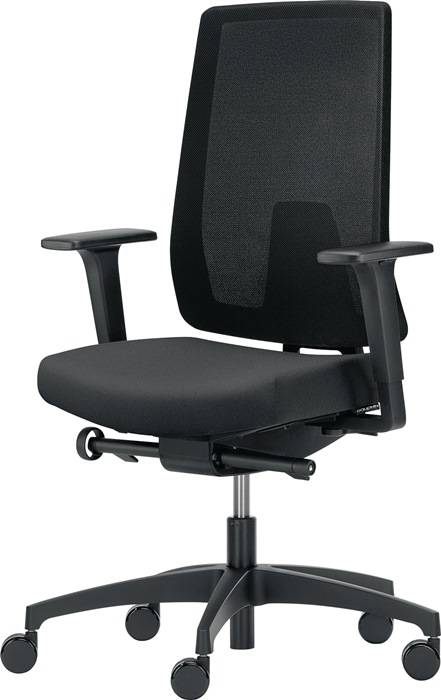 Ergonomischer Bürostuhl mit verstellbaren Armlehnen, schwarzer Netzeinsatz im Rückenbereich und gepolstertem Sitz, entwickelt für Komfort und Unterstützung.