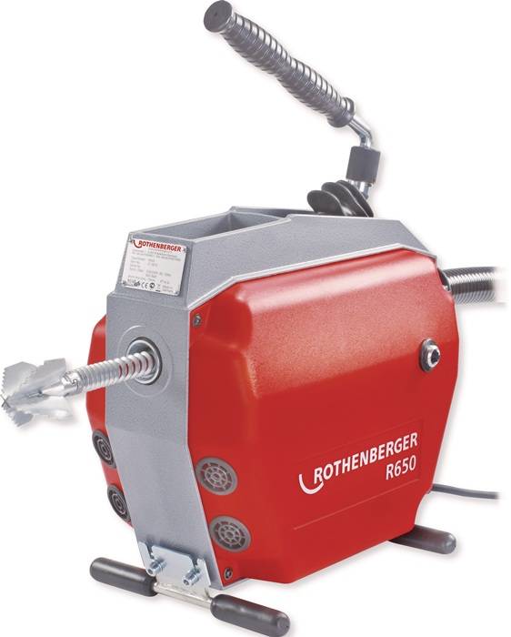 Rothenberger R650 Rohrreinigungsmaschine mit rotem Gehäuse und metallenem Bohreinsatz zum Lösen von Rohrverstopfungen.