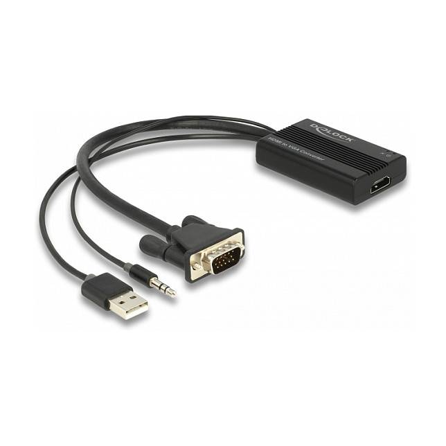 USB-auf-VGA-Adapterkabel mit USB-A-, 3,5-mm-Audio- und VGA-Anschlüssen zum Verbinden eines Computers mit einem externen Display.