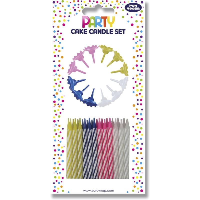 Verpackung des 'Party Cake Candle Set' zeigt 24 gestreifte und einfarbige Kerzen in Rosa, Blau, Gelb und Weiß. Das Markenlogo 'Fun House' ist sichtbar.