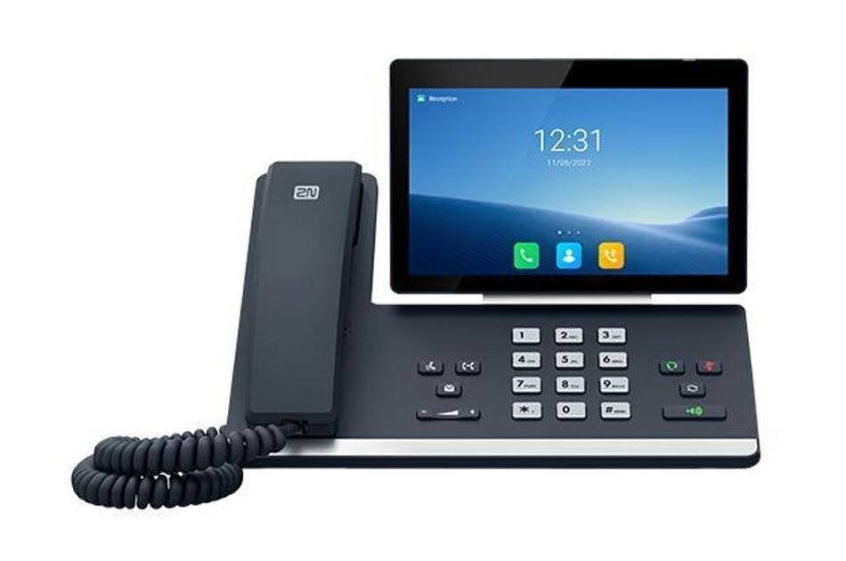Desktop-IP-Telefon mit Hörer, Zahlenblock und Touchscreen-Display, das 12:31 auf blauem Hintergrund anzeigt.