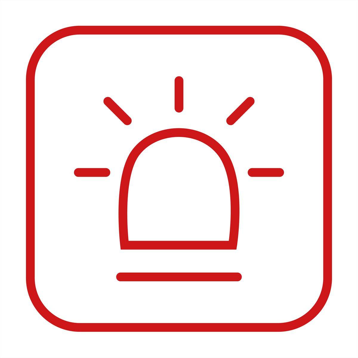 Rotes Notfallalarm-Sirenen-Symbol in einem abgerundeten Quadrat, das eine Warnung oder einen Alarm anzeigt.