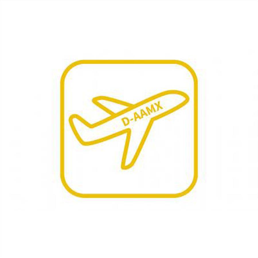 Gelbes Flugzeugsymbol in einem abgerundeten Quadrat, beschriftet mit „D-AAMX