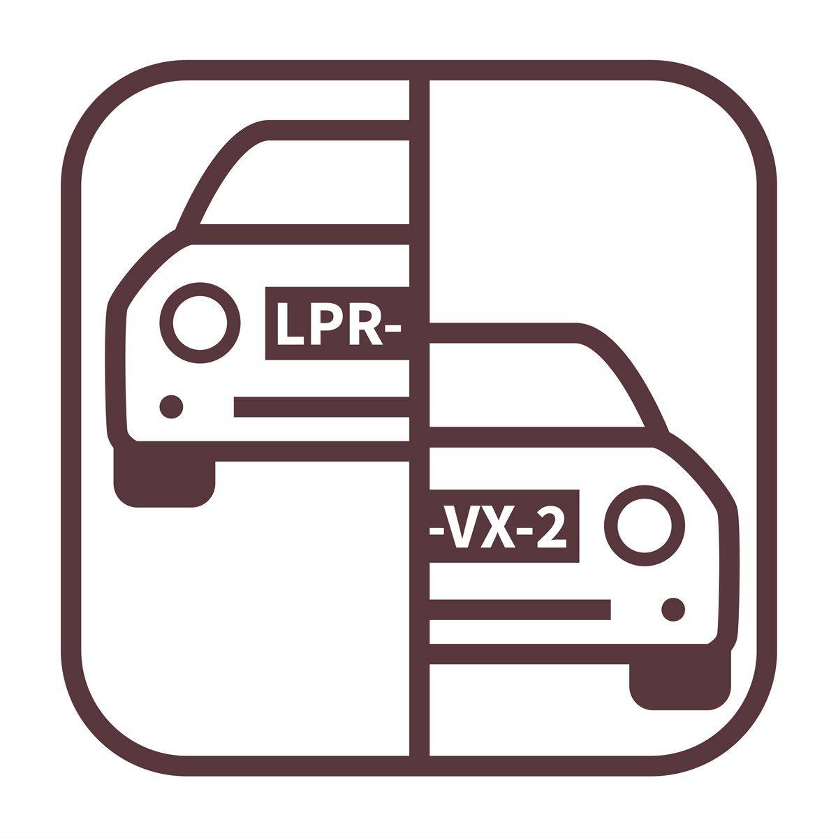 Symbol von zwei sich überlappenden Autos, die durch eine vertikale Linie geteilt werden, mit den Beschriftungen „LPR-