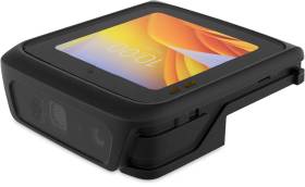 Schwarze robuste Smartwatch mit dickem Schutzgehäuse und Armband, in einem Winkel dargestellt mit orangefarbenem Display, das 10:00 Uhr anzeigt.