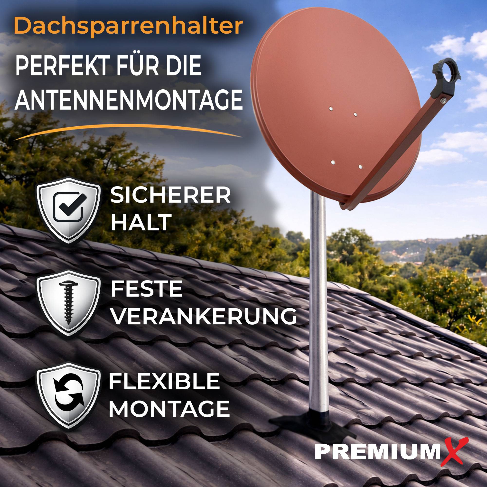 PremiumX BASIC X120-48 SAT TV Teleskop-Dachsparrenhalter 120cm Mast 48mm Stahl feuerverzinkt Dach-Sparren-Halterung für Satelliten-Antenne