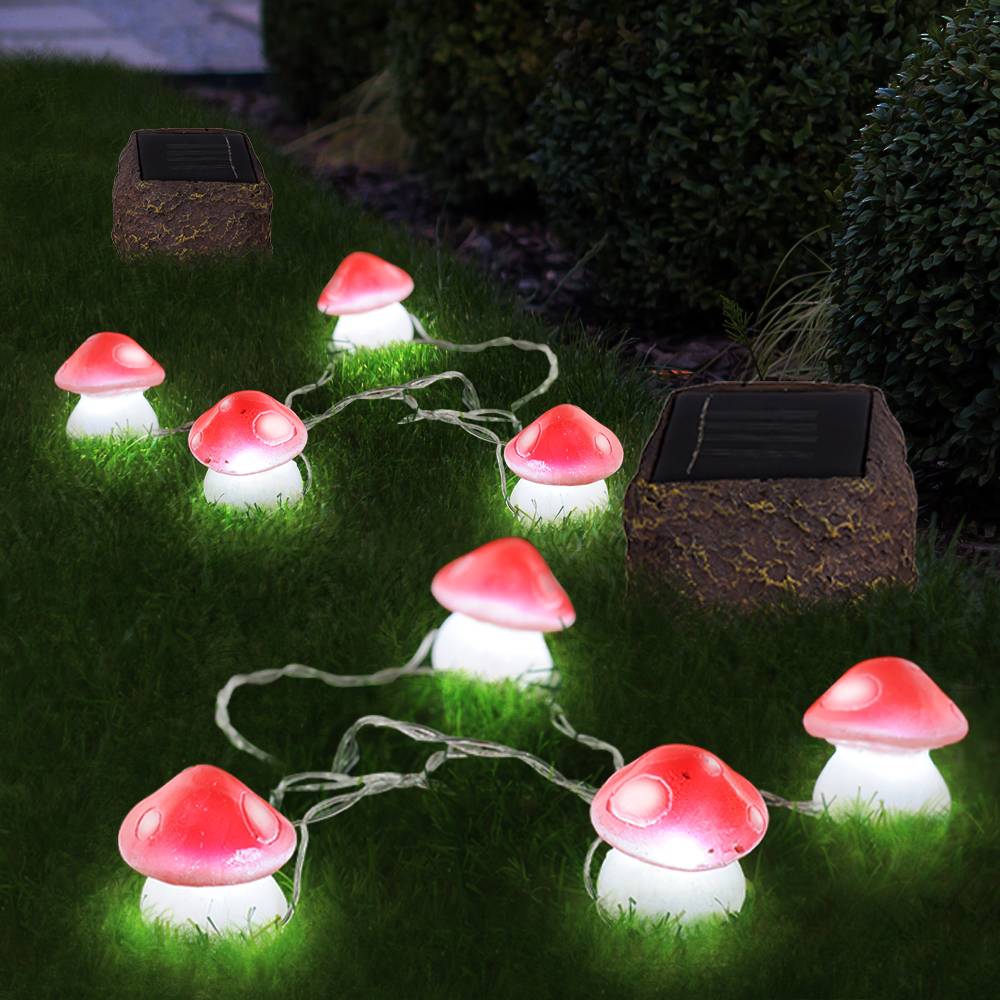 Solar Pilz Solar Terrassenbeleuchtung für Außen Lichterkette Pilze, 6x Fliegenpilze, LED Akku, L 270 cm, Garten Terrasse