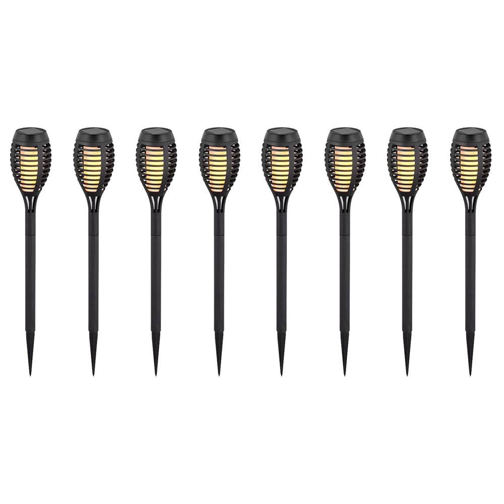 LED Solarfackeln für Außen flackernd Balkon Gartendeko Stecklampen Solar Gartenfackel, Kunststoff schwarz, Feuereffekt warmweiß, H 50 cm, 8er Set