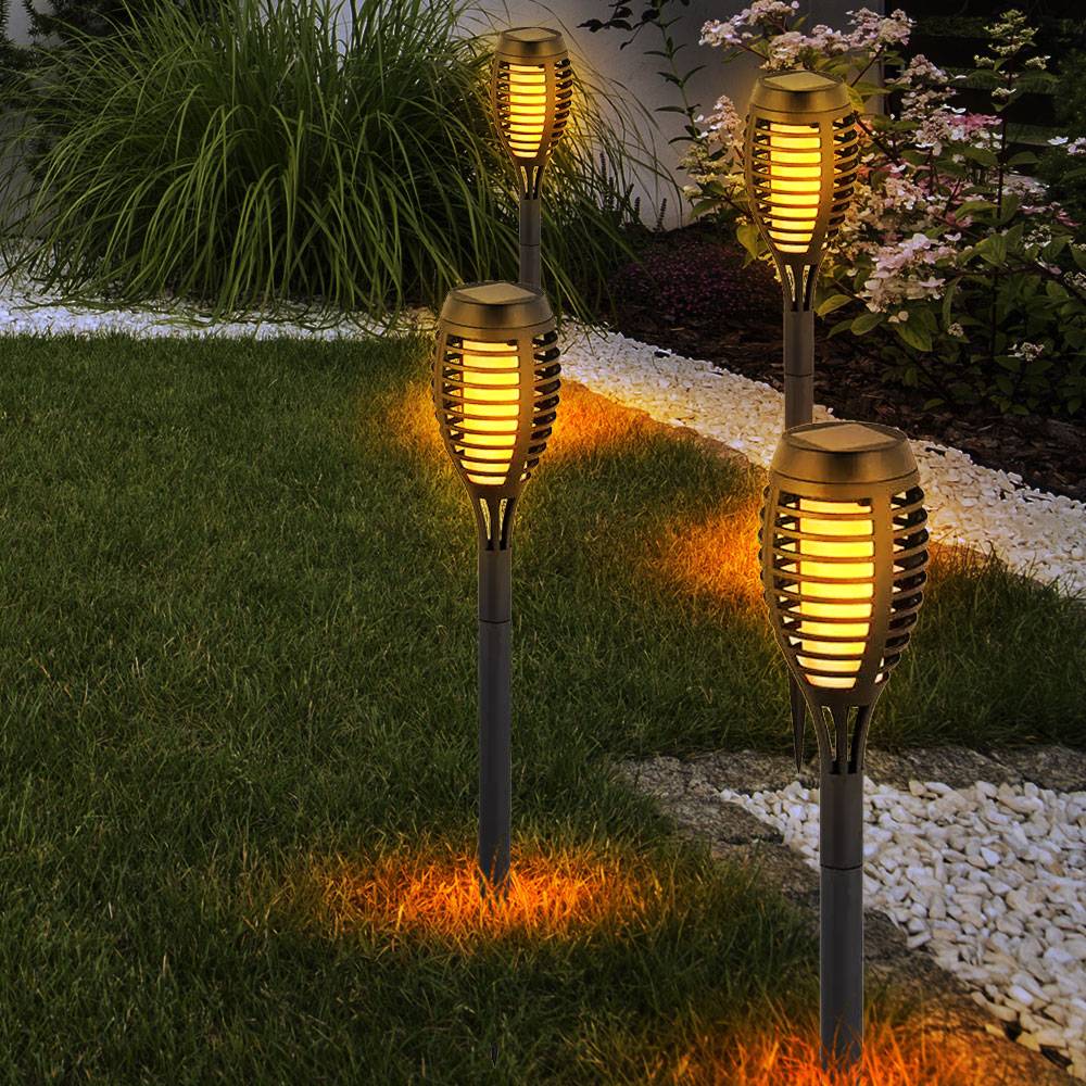 LED Solarfackeln für Außen flackernd Balkon Gartendeko Stecklampen Solar Gartenfackel, Kunststoff schwarz, Feuereffekt warmweiß, H 50 cm, 8er Set
