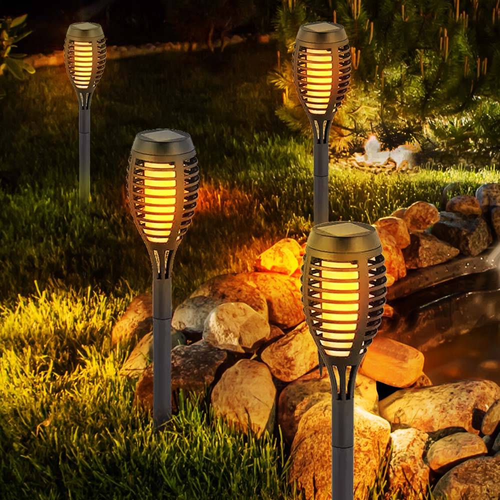 LED Solarfackeln für Außen flackernd Balkon Gartendeko Stecklampen Solar Gartenfackel, Kunststoff schwarz, Feuereffekt warmweiß, H 50 cm, 8er Set