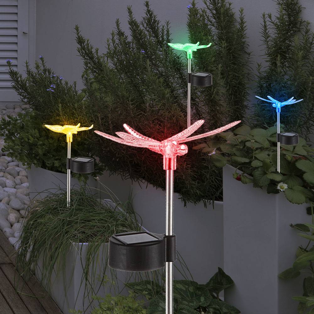 5x LED Solar Leuchten Lotos Blume Erdspieß Schmetterling Außen Garten Farbwechsel Steck Libellen Lampe