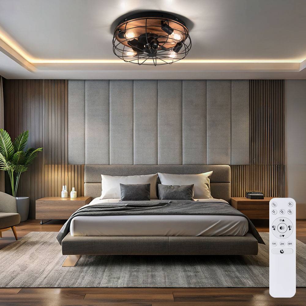 Deckenventilator mit Fernbedienung Deckenlampe Schlafzimmerlampe Wohnzimmerleuchte Kühler Lüfter, Metall schwarz Holzoptik, 3 Geschwindigkeiten Time