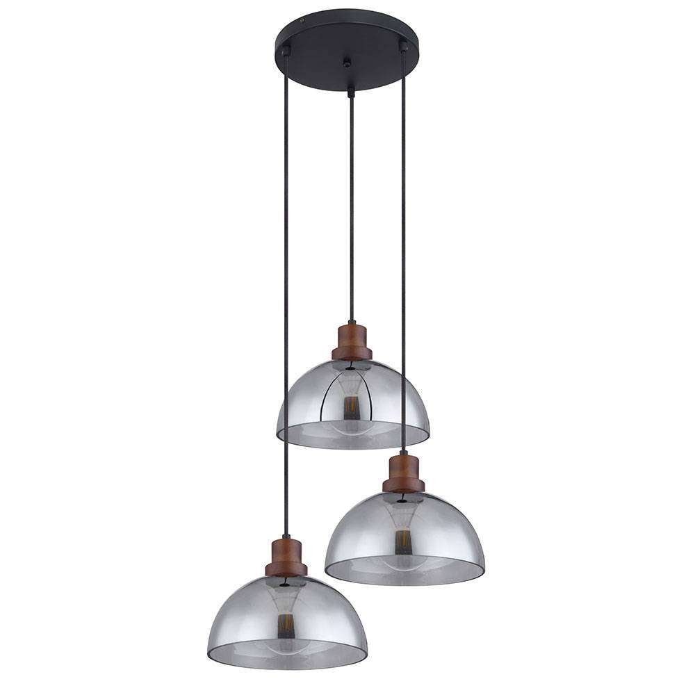 Hängelampe Holzlampe 3 flammig Glasschirm Pendelleuchte Hängeleuchte Wohnzimmerlampe, Metall Glas, schwarz braun, 3x E27 Fassungen, DxH 47x120 cm