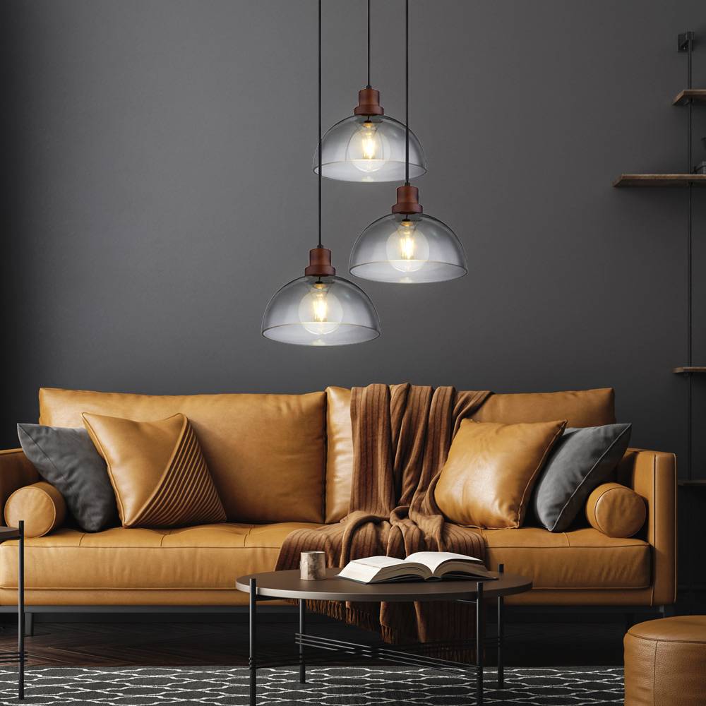Hängelampe Holzlampe 3 flammig Glasschirm Pendelleuchte Hängeleuchte Wohnzimmerlampe, Metall Glas, schwarz braun, 3x E27 Fassungen, DxH 47x120 cm
