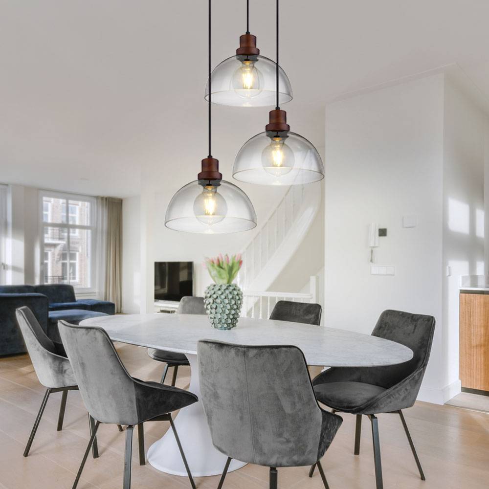 Hängelampe Holzlampe 3 flammig Glasschirm Pendelleuchte Hängeleuchte Wohnzimmerlampe, Metall Glas, schwarz braun, 3x E27 Fassungen, DxH 47x120 cm