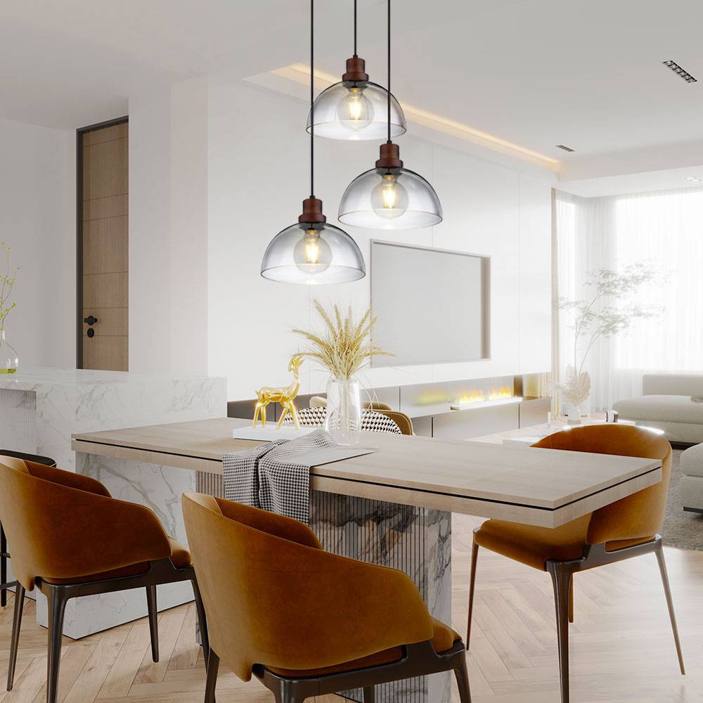 Hängelampe Holzlampe 3 flammig Glasschirm Pendelleuchte Hängeleuchte Wohnzimmerlampe, Metall Glas, schwarz braun, 3x E27 Fassungen, DxH 47x120 cm