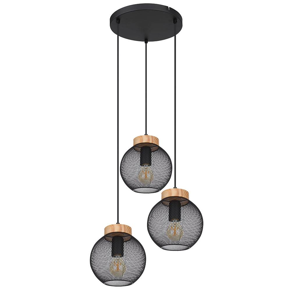 Pendelleuchte Deckenlampe hängend Vintage Hängeleuchte schwarz Metall Industrial, 3 flammig, Holz braun, 3x E27 Fassungen, DxH 44x120cm