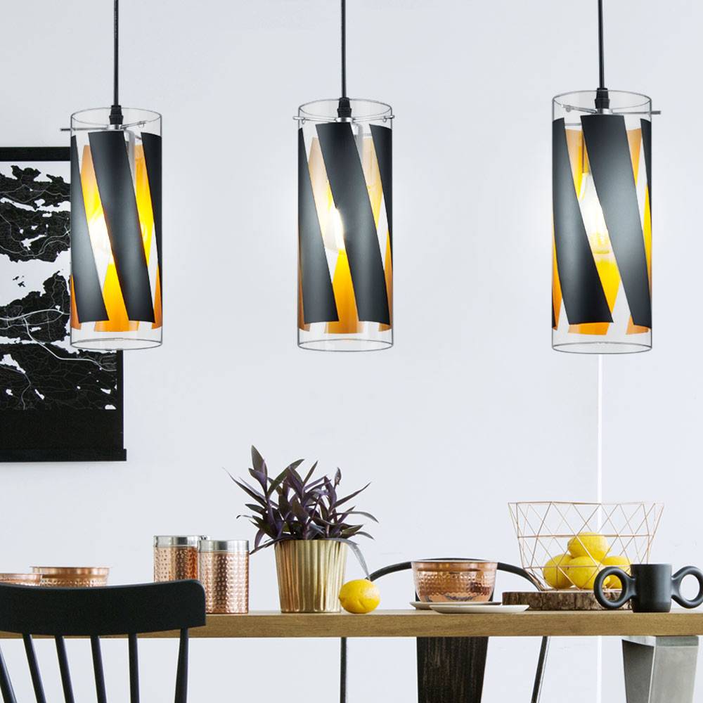 Pendelleuchte Esstischleuchte Hängelampe 3 flammig Wohnzimmerleuchte, Glas gestreift schwarz matt, 3x E27, LxH 68x150 cm