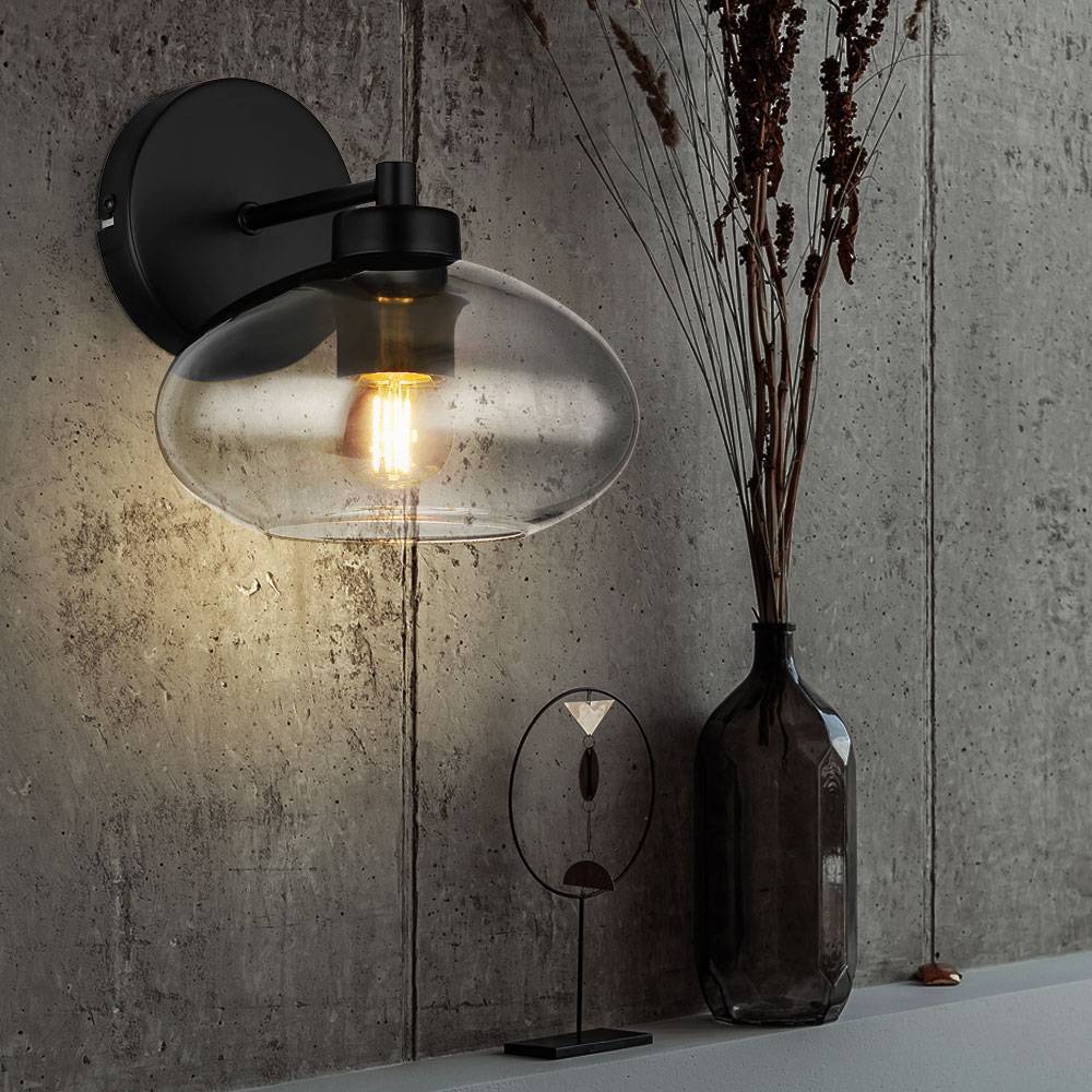Wandleuchte Wandlampe Flurlampe Schlafzimmerleuchte Wohnzimmerlampe, Metall schwarz Glas Rauchoptik, 1x E27 Fassung, HxBxÜ 20x18x22cm