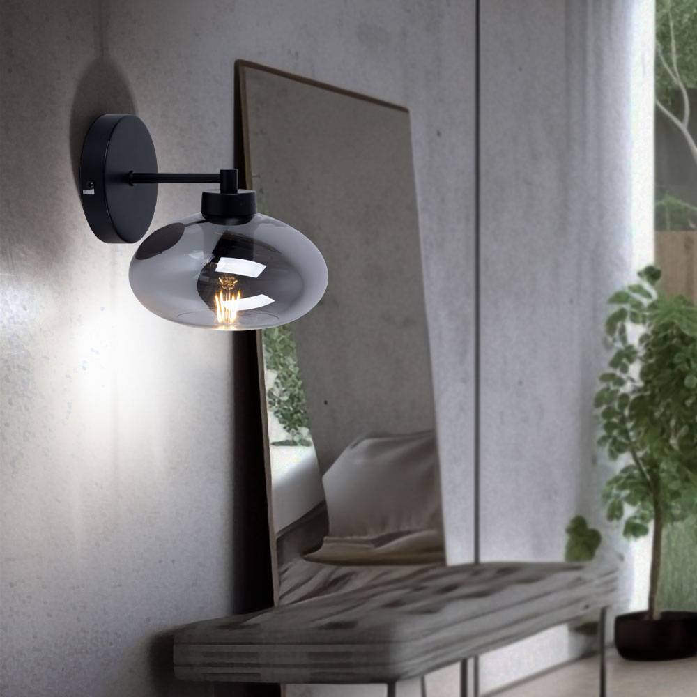 Wandleuchte Wandlampe Flurlampe Schlafzimmerleuchte Wohnzimmerlampe, Metall schwarz Glas Rauchoptik, 1x E27 Fassung, HxBxÜ 20x18x22cm