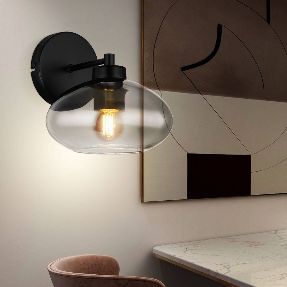 Wandleuchte Wandlampe Flurlampe Schlafzimmerleuchte Wohnzimmerlampe, Metall schwarz Glas Rauchoptik, 1x E27 Fassung, HxBxÜ 20x18x22cm