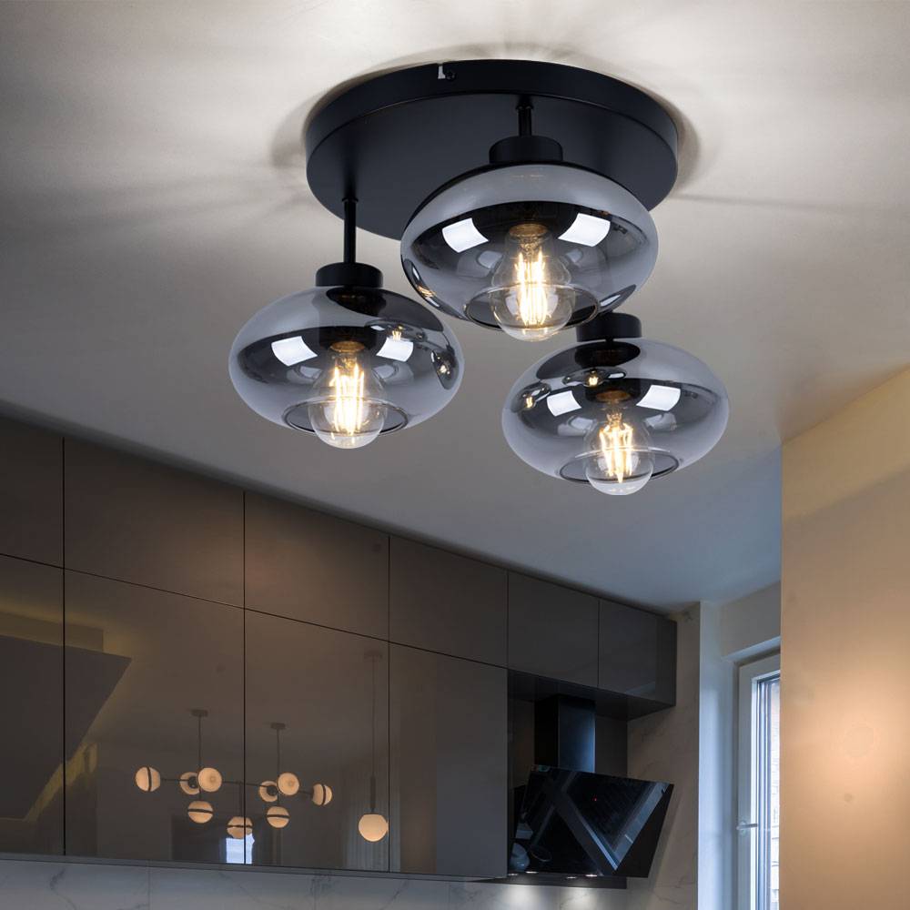 Deckenlampe Deckenleuchte Wohnzimmerleuchte Esszimmer, 3 flammig Retrostil, Metall schwarz Glas rauchfarben, 3x E27 Fassungen, DxH 40x24cm
