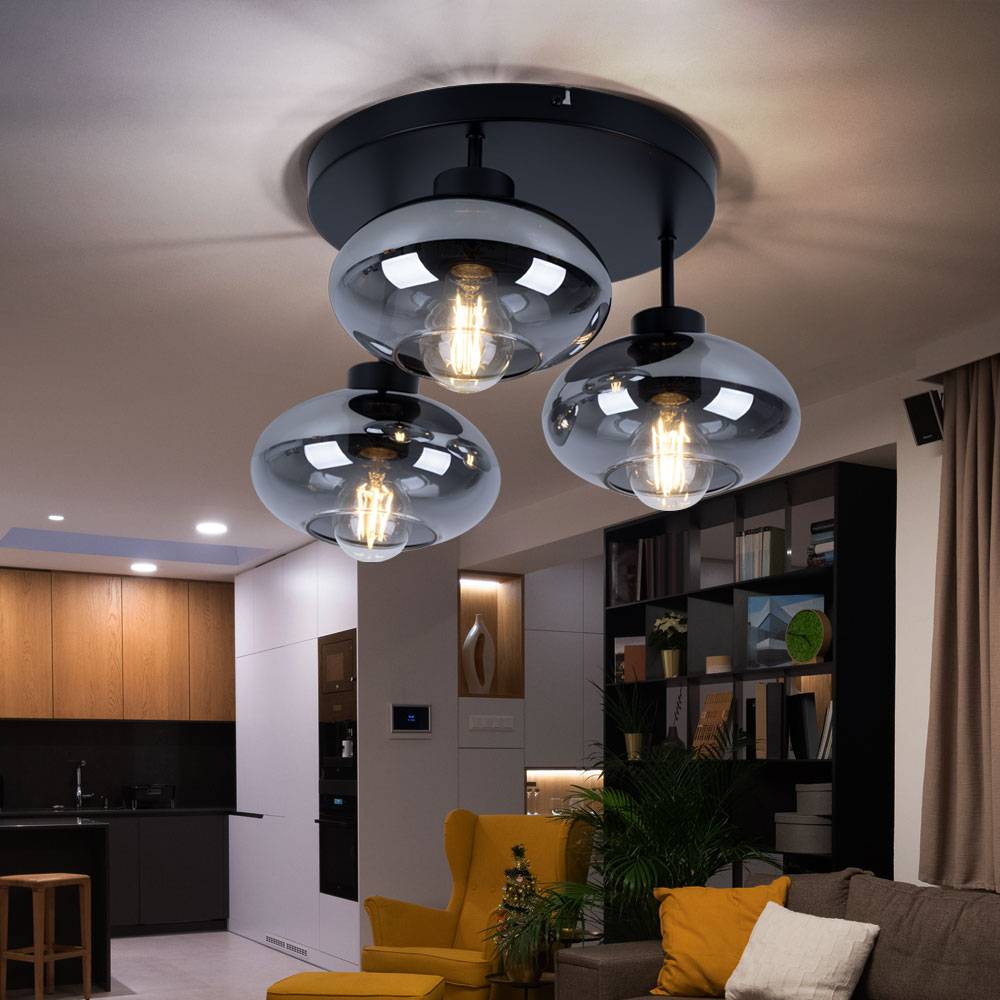 Deckenlampe Deckenleuchte Wohnzimmerleuchte Esszimmer, 3 flammig Retrostil, Metall schwarz Glas rauchfarben, 3x E27 Fassungen, DxH 40x24cm