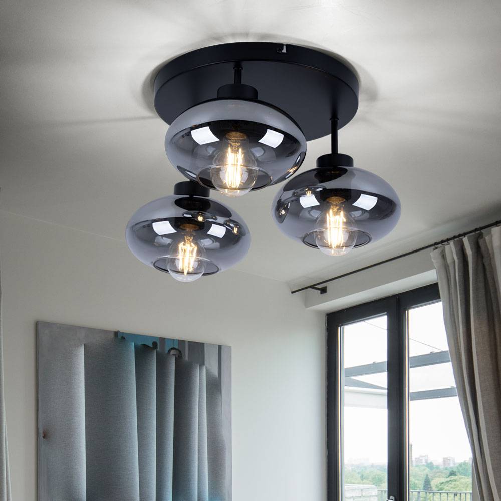 Deckenlampe Deckenleuchte Wohnzimmerleuchte Esszimmer, 3 flammig Retrostil, Metall schwarz Glas rauchfarben, 3x E27 Fassungen, DxH 40x24cm