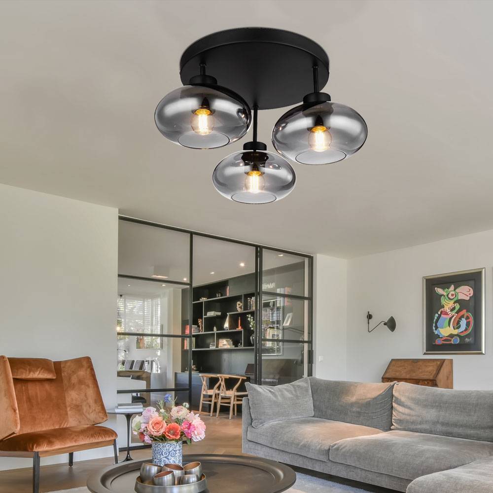 Deckenlampe Deckenleuchte Wohnzimmerleuchte Esszimmer, 3 flammig Retrostil, Metall schwarz Glas rauchfarben, 3x E27 Fassungen, DxH 40x24cm