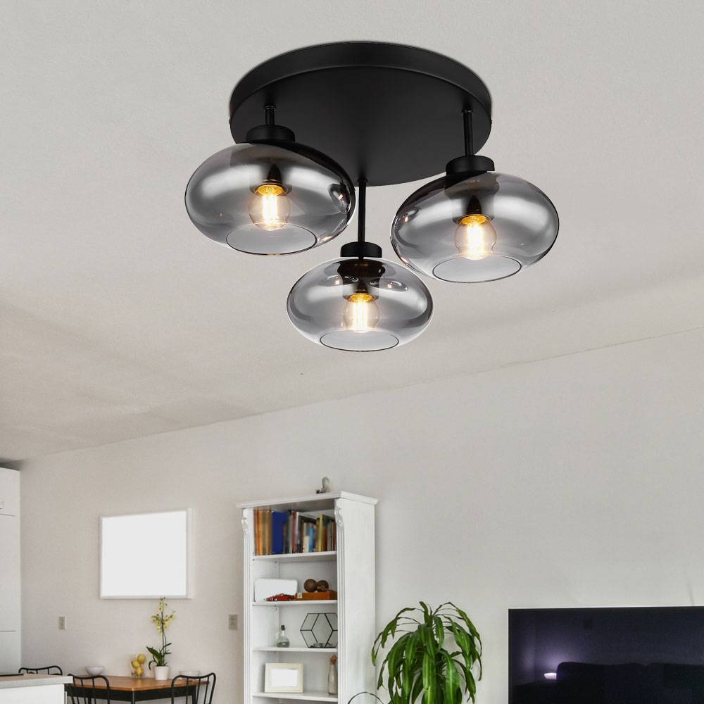 Lampenschirm Rauchglas Deckenleuchte Deckenlampe schwarz Retro, 3 flammig, Metall Glas rauchfarben, 3x E27 Fassungen, DxH 40x24cm