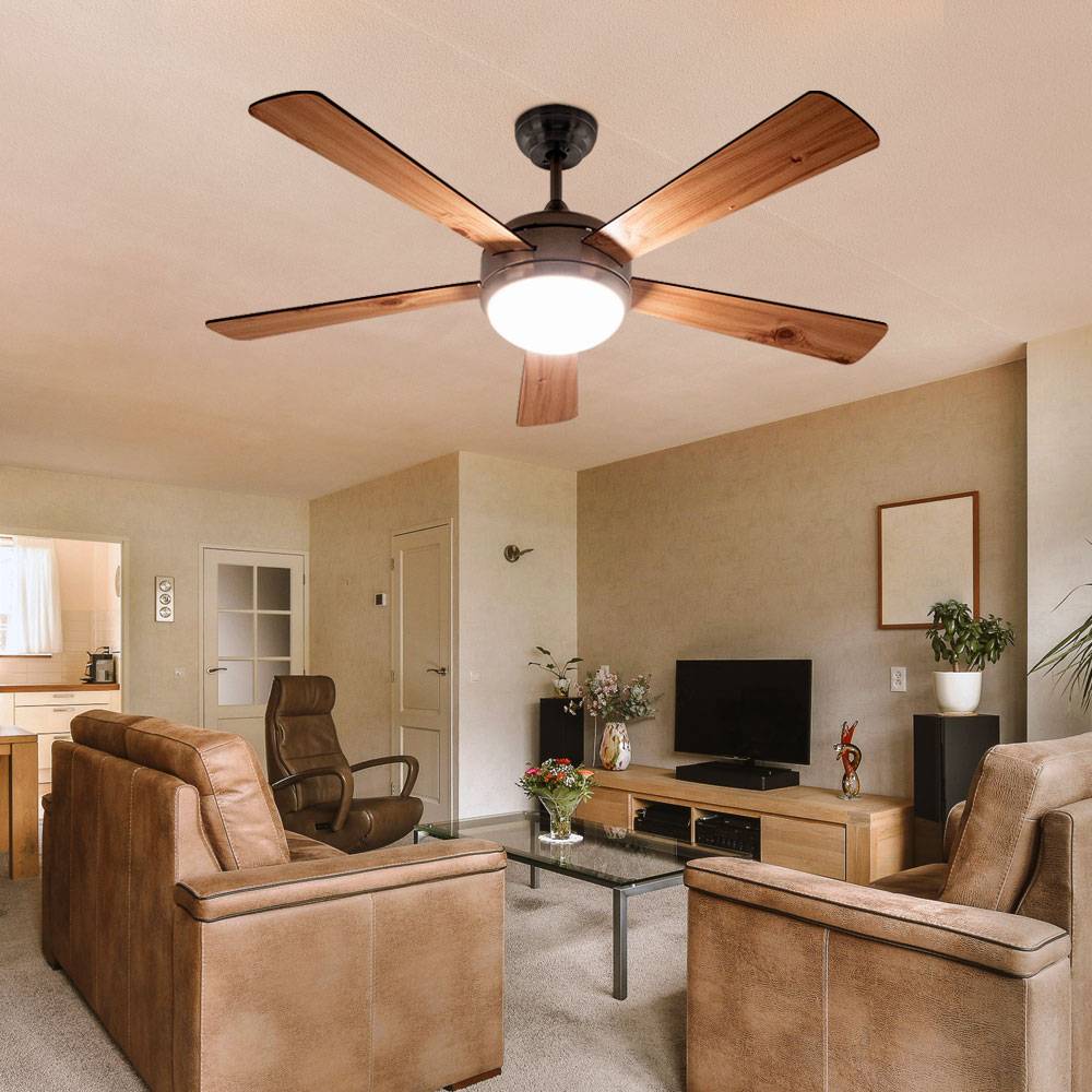 Deckenventilator Deckenleuchte Lampe Holzventilator Fernbedienung, CCT Timer 3 Stufen, Metall MDF Holzoptik hell/dunkelbraun Glas opal, 1x LED 15W