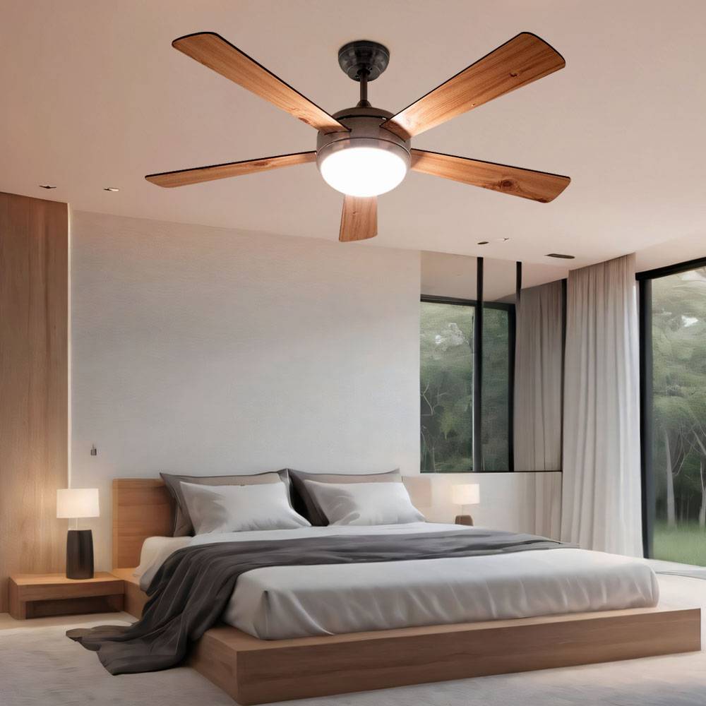 Deckenventilator Deckenleuchte Lampe Holzventilator Fernbedienung, CCT Timer 3 Stufen, Metall MDF Holzoptik hell/dunkelbraun Glas opal, 1x LED 15W