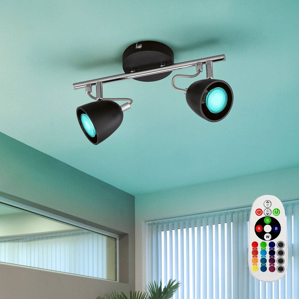 Deckenleuchte Metall schwarz Deckenstrahler 2flammig Deckenlampe zwei Strahler, Fernbedienung dimmbar, chrom, 2x RGB LED 3,5W 290Lm warmweiß, LxBxH