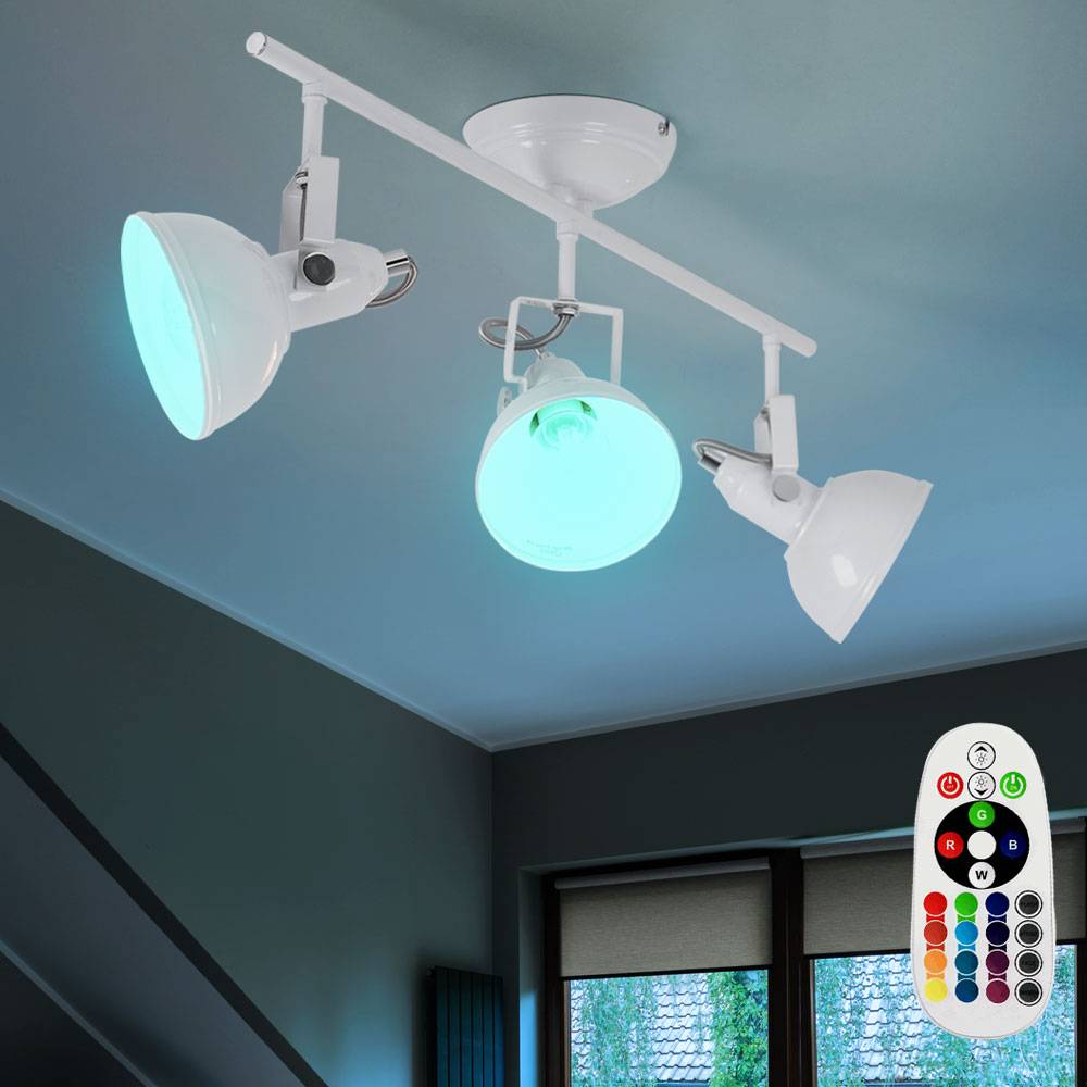 Deckenleuchte 3 Flammig dimmbar mit Fernbedienung weiß Deckenlampe 3 Strahler, RGB LED Farbwechsel Spots schwenkbar, Metall, 3x 3,5W 3x 320lm