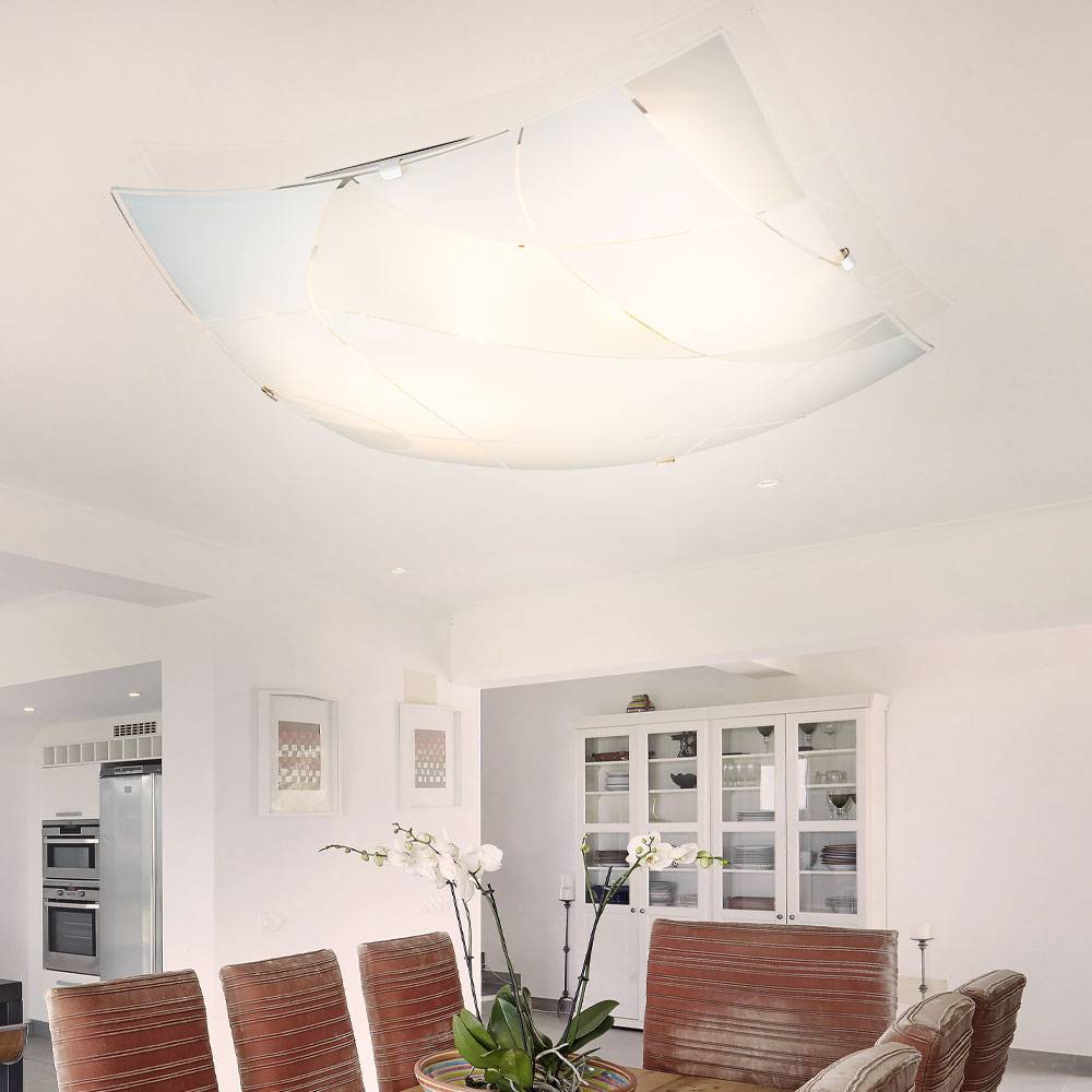 Glas Deckenleuchte Deckenlampe E27 Fassung 2 Flammig Deckenlampe Weiss eckig, Chrom satiniert, Dekorlinien, 2x E27, LxBxH 30x30x8,5 cm