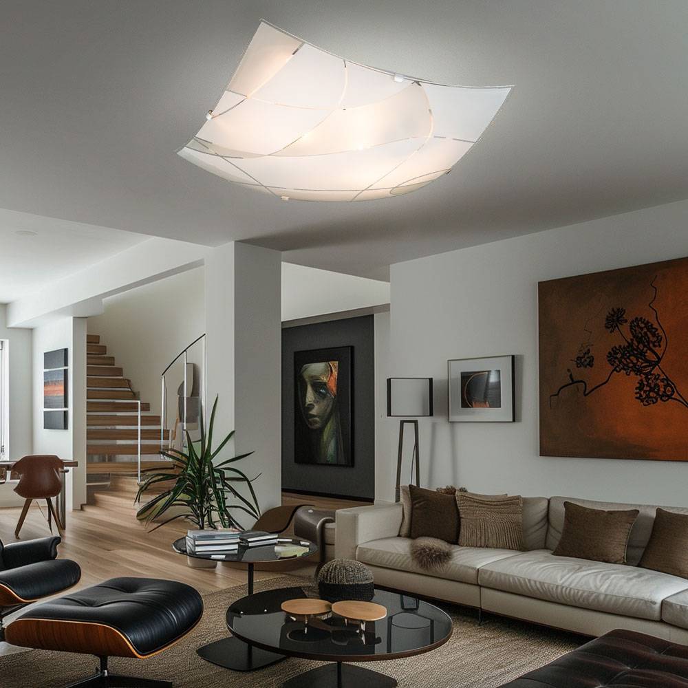 Glas Deckenleuchte Deckenlampe E27 Fassung 2 Flammig Deckenlampe Weiss eckig, Chrom satiniert, Dekorlinien, 2x E27, LxBxH 30x30x8,5 cm