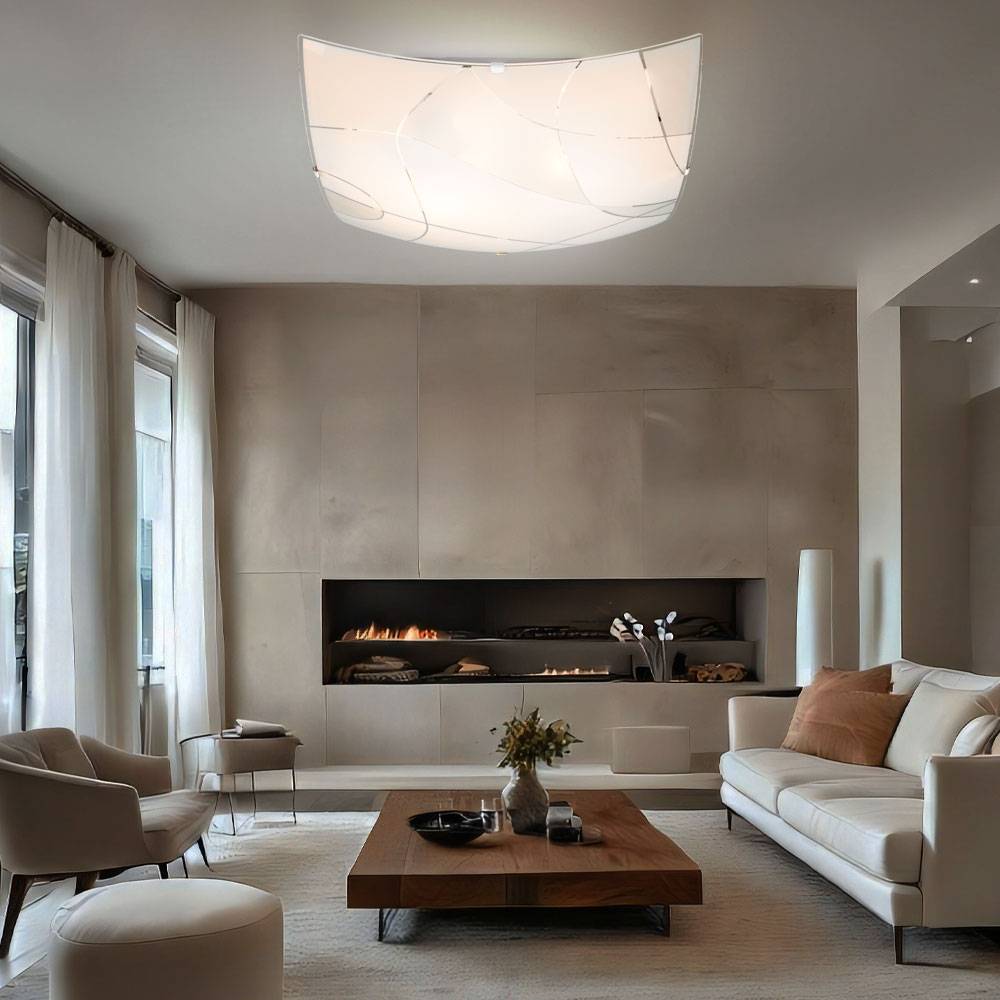 Glas Deckenleuchte Deckenlampe E27 Fassung 2 Flammig Deckenlampe Weiss eckig, Chrom satiniert, Dekorlinien, 2x E27, LxBxH 30x30x8,5 cm