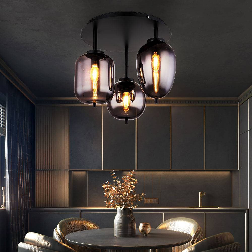 Deckenlampe Glasleuchte 3 flammig Glasschirm rauchfarben Deckenleuchte rund schwarz Wohnzimmerlampe, Metall Glas, schwarz, 3x E14 Fassungen, DxH