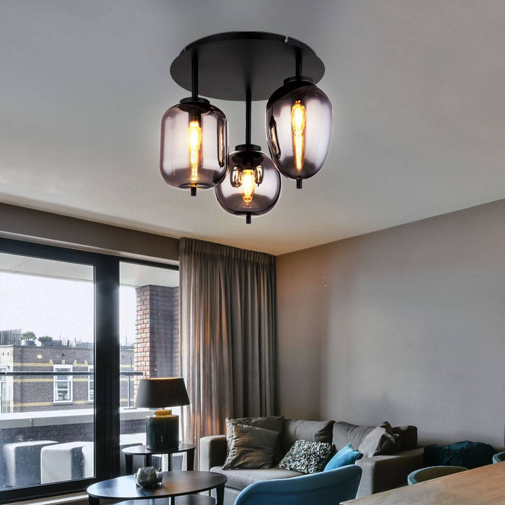Deckenlampe Glasleuchte 3 flammig Glasschirm rauchfarben Deckenleuchte rund schwarz Wohnzimmerlampe, Metall Glas, schwarz, 3x E14 Fassungen, DxH