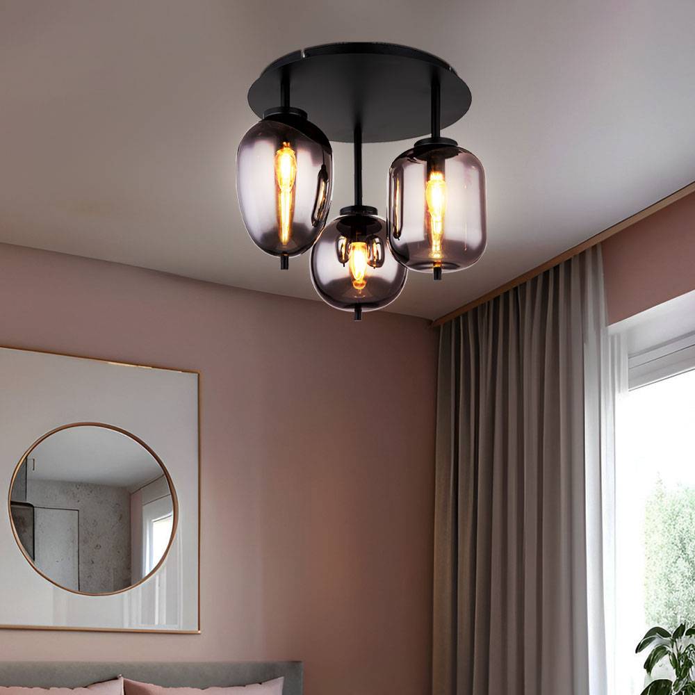 Deckenlampe Glasleuchte 3 flammig Glasschirm rauchfarben Deckenleuchte rund schwarz Wohnzimmerlampe, Metall Glas, schwarz, 3x E14 Fassungen, DxH