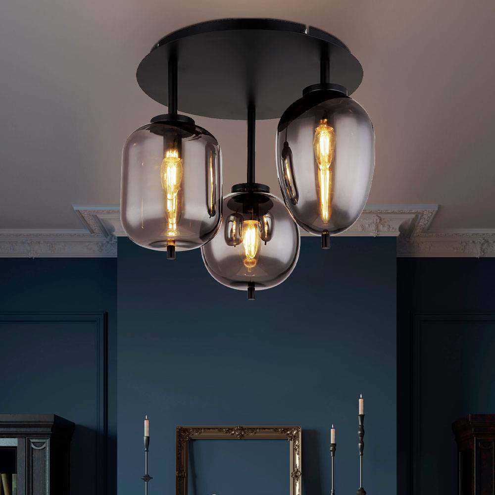 Deckenlampe Glasleuchte 3 flammig Glasschirm rauchfarben Deckenleuchte rund schwarz Wohnzimmerlampe, Metall Glas, schwarz, 3x E14 Fassungen, DxH