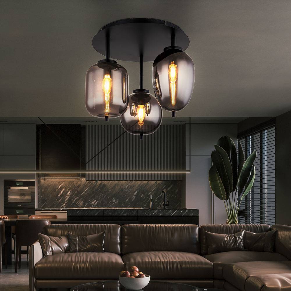 Deckenlampe Glasleuchte 3 flammig Glasschirm rauchfarben Deckenleuchte rund schwarz Wohnzimmerlampe, Metall Glas, schwarz, 3x E14 Fassungen, DxH