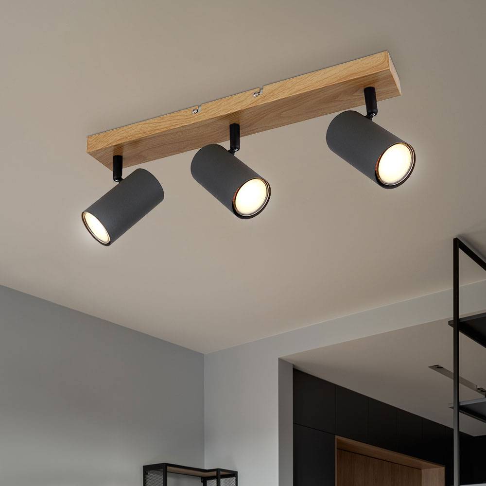Deckenlampe 3 Strahler Deckenleuchte Dreiflammig Deckenstrahler GU10 3 Flammig, schwenkbar, Metall Holzoptik graphit, 3x GU10, LxBxH 41x6x12 cm