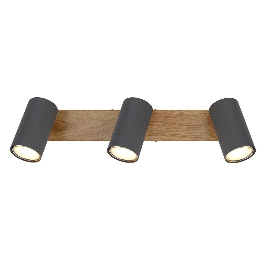 Deckenlampe 3 Strahler Deckenleuchte Dreiflammig Deckenstrahler GU10 3 Flammig, schwenkbar, Metall Holzoptik graphit, 3x GU10, LxBxH 41x6x12 cm